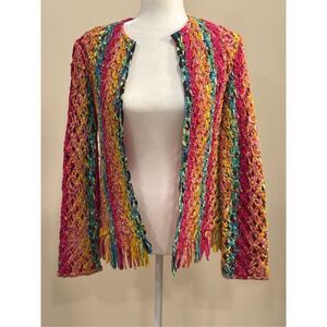 Vintage/Vtg Sandy Starkman Women's Knotted Woven Mesh Fringe Coat Multicolor Sma